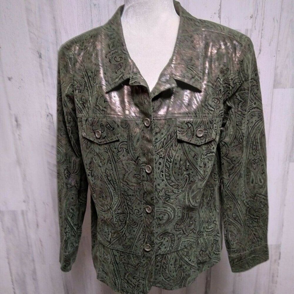 Lane Bryant 14/16 Faux Green Suede And Metallic Bronze Button Up Jacket